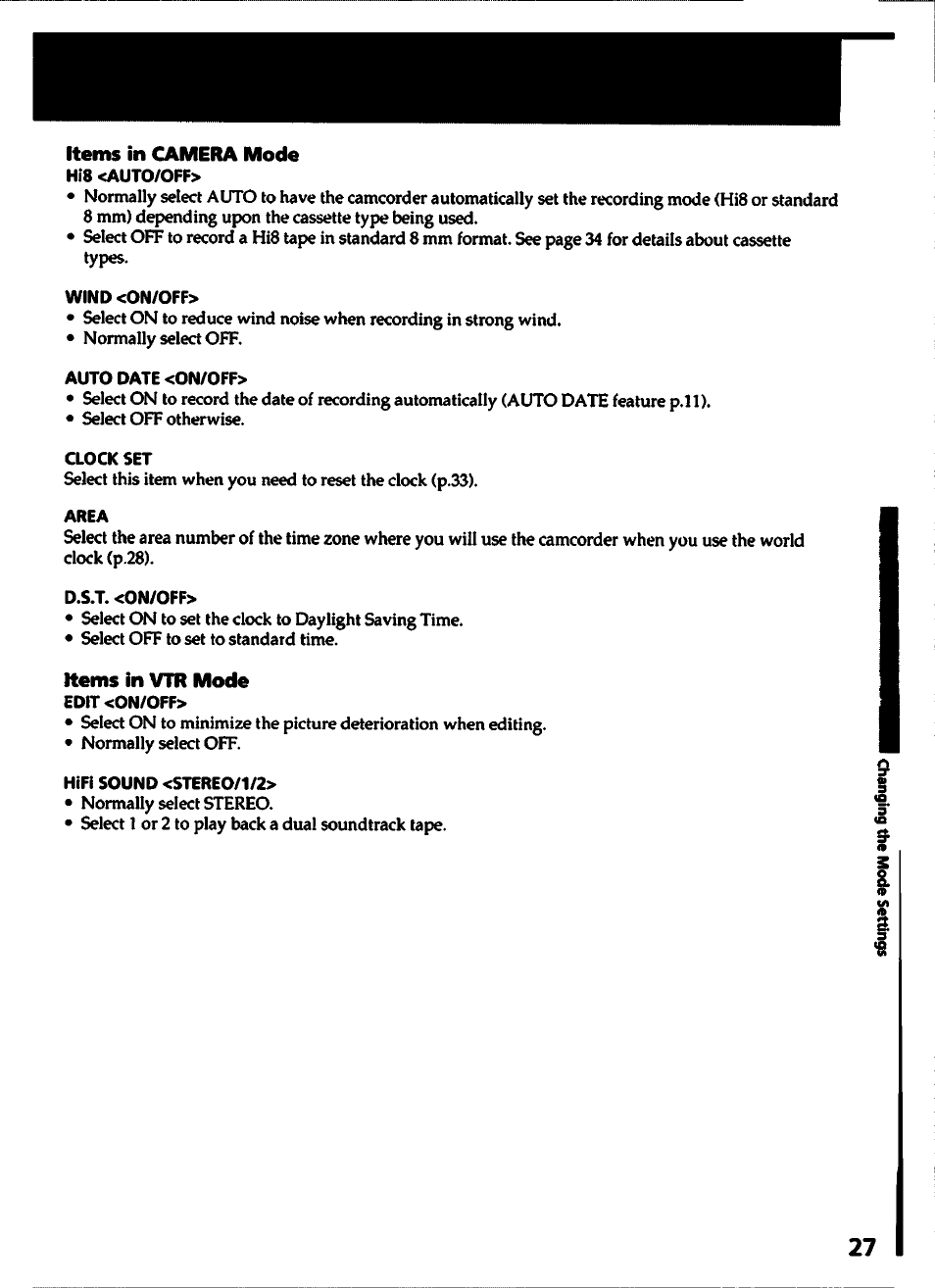 Items in camera mode, Kerns in vtr mode | Sony CCD-TR400 User Manual | Page 27 / 55