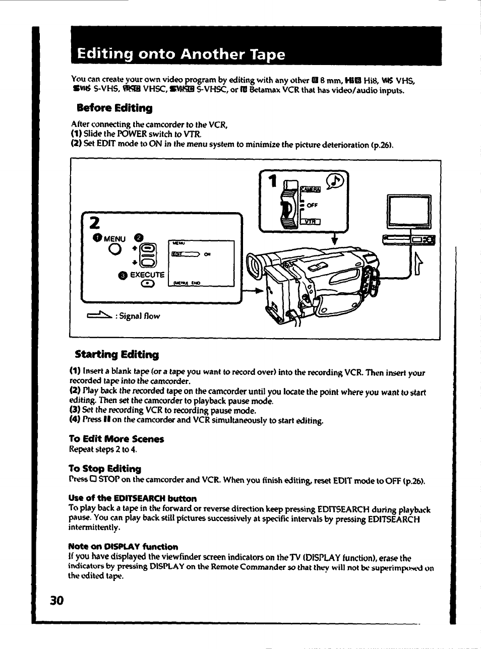 Editing onto another tape, Before editing, Starting editing | To edit more scenes, To stop editing | Sony CCD-TR400 User Manual | Page 30 / 55