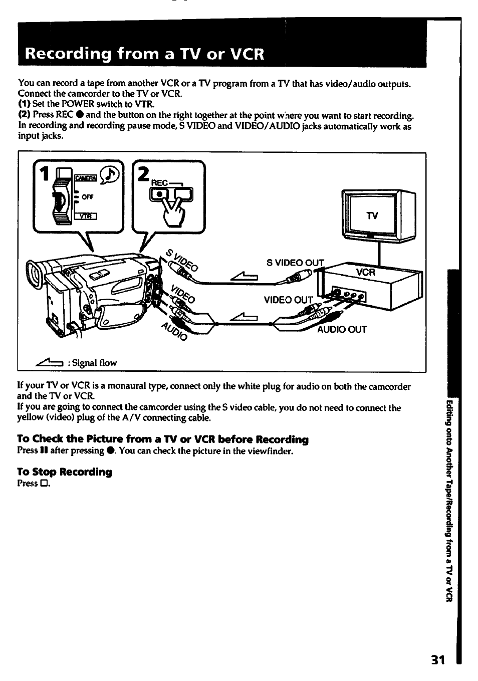 Recording from a tv or vcr, To stop recording | Sony CCD-TR400 User Manual | Page 31 / 55