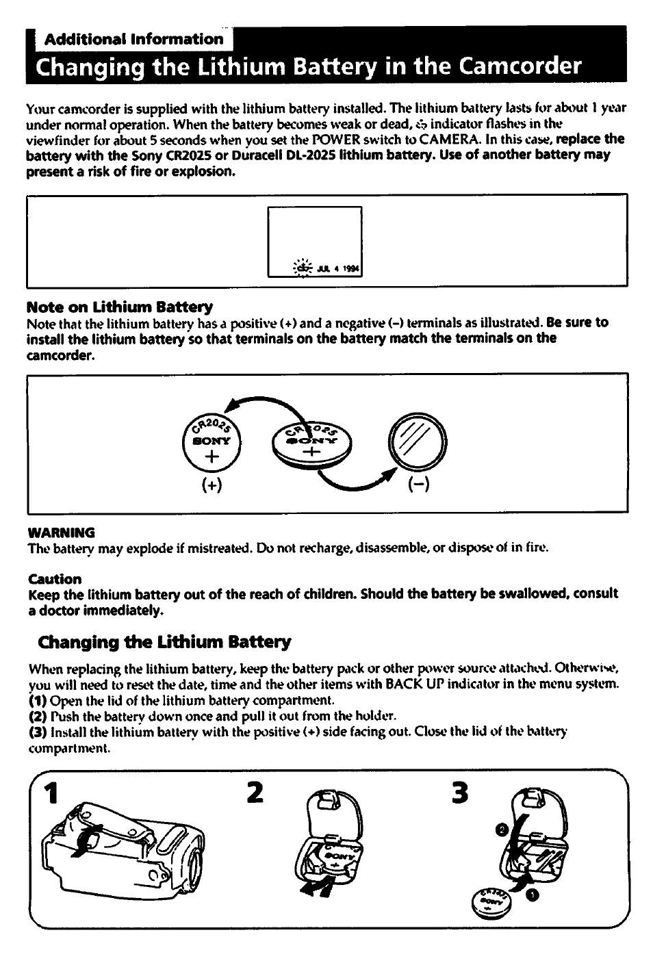I additional information, Changing the lithium battery in the camcorder, Note on lithium battery | Caution, Changing the lithium battery | Sony CCD-TR400 User Manual | Page 32 / 55