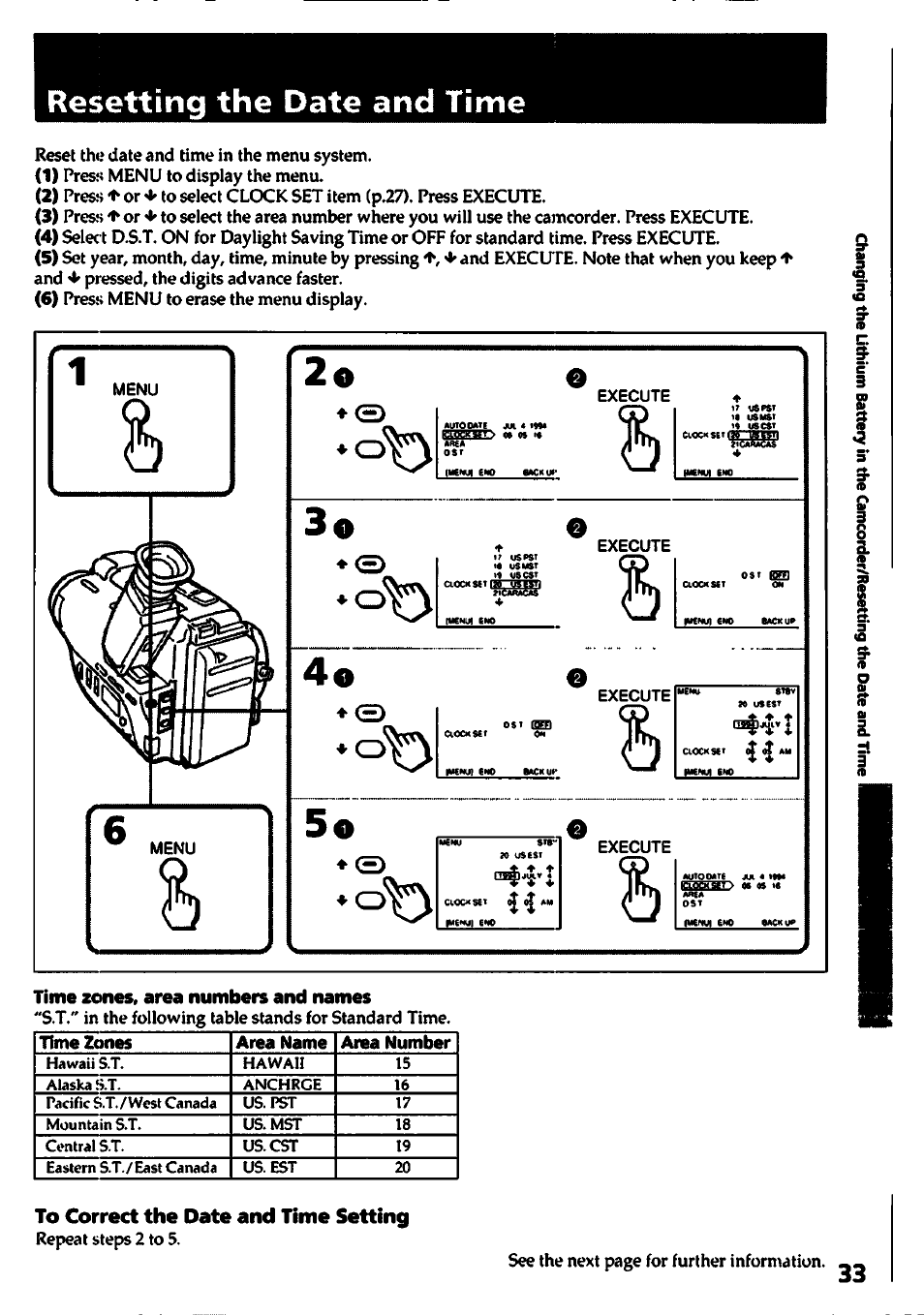 Resetting the date and time, To correct the date and time setting | Sony CCD-TR400 User Manual | Page 33 / 55
