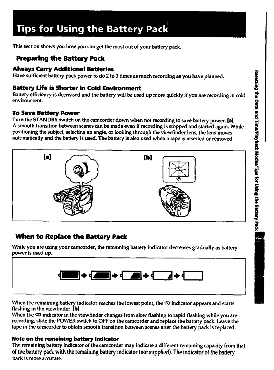 Tips for using the battery pack, Preparing the battery pack, Always carry additional batteries | Battery life is shorter in cold environment, To save battery power, When to replace the b2rttery pack, Note on the remaining battery indicator | Sony CCD-TR400 User Manual | Page 35 / 55