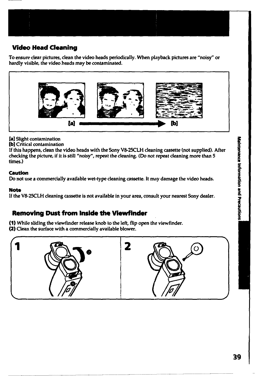 Mdeo head cleaning, Caution, Removing dust from inside the viewfinder | Sony CCD-TR400 User Manual | Page 39 / 55