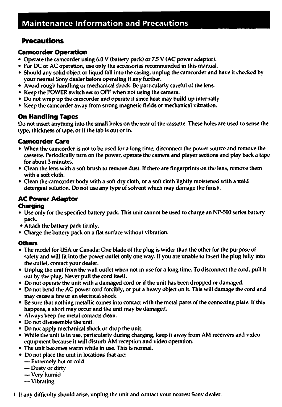 Precautions, Camcorder operation, On handling tapes | Camcorder care, Ac power adaptor charging, Others | Sony CCD-TR400 User Manual | Page 40 / 55