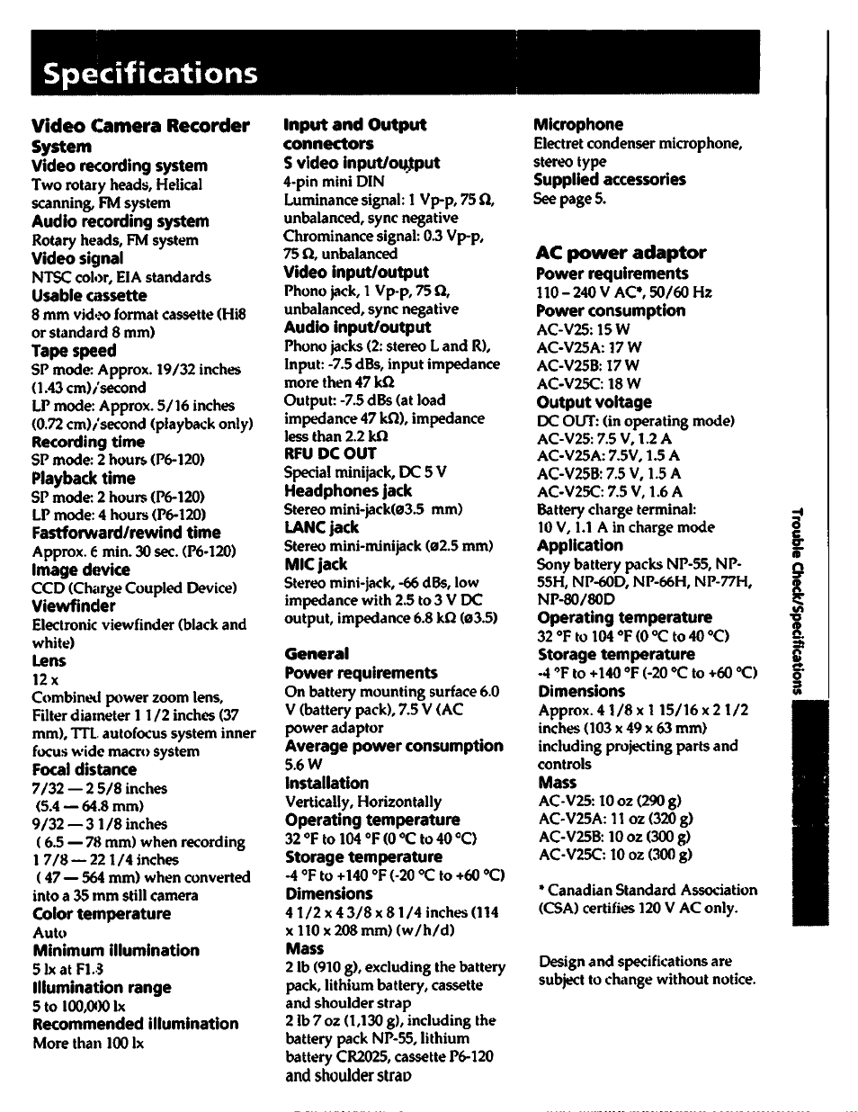 Specifications, Video camera recorder system, Video recording system | Tape speed, Recording time, Playback time, Viewfinder, Lens, Color temperature, Minimum illumination | Sony CCD-TR400 User Manual | Page 45 / 55