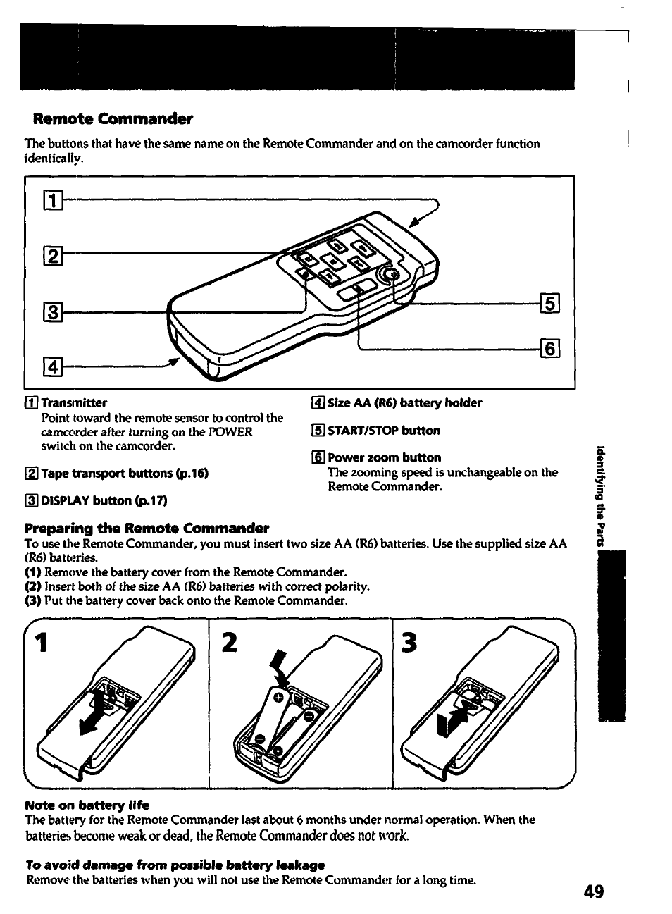 Remote commander, T| transmitter, D tape transport buttons (p.16) | M display button (p.17), Preparing the remote commander, Note on battery life, To avoid damage from possible battery leakage | Sony CCD-TR400 User Manual | Page 49 / 55