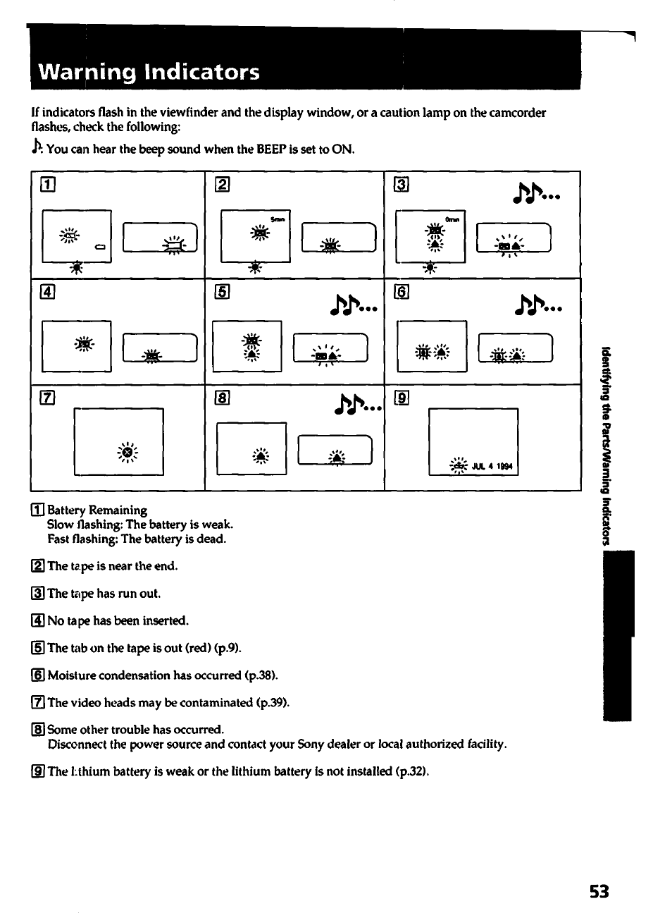 Warning indicators | Sony CCD-TR400 User Manual | Page 53 / 55