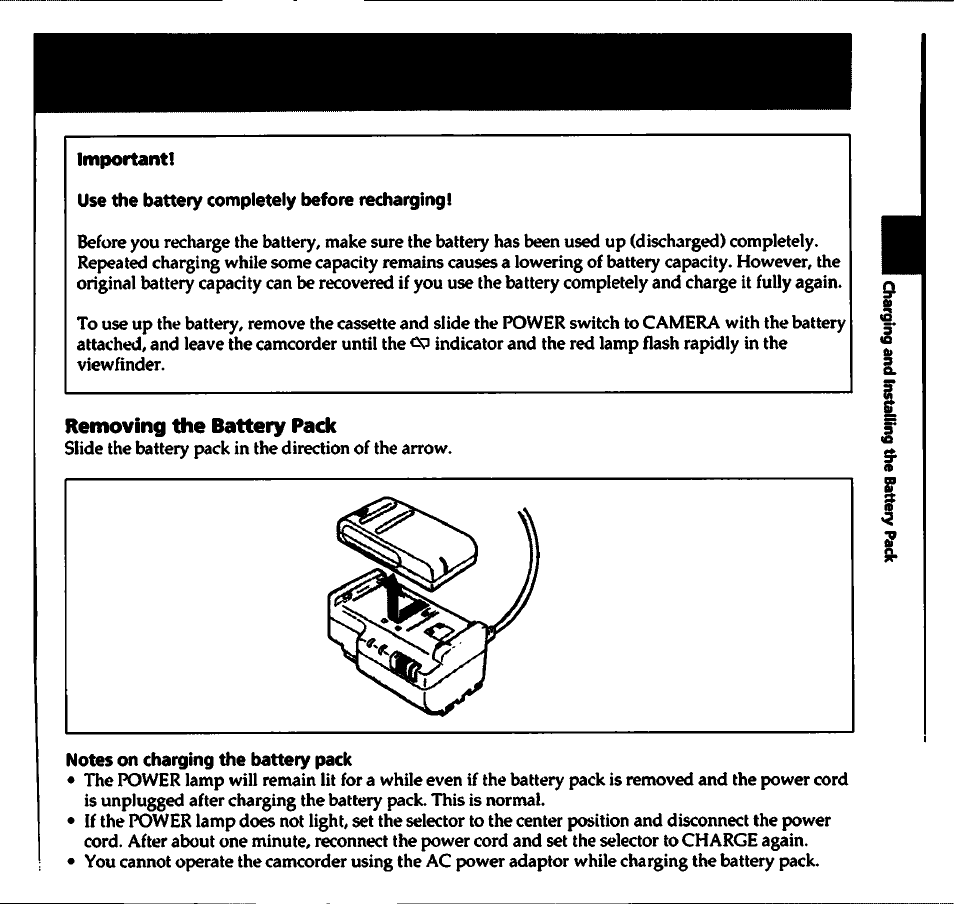 Important, Use the battery completely before rechargingl, Removing the battery pack | Notes on charging the battery pack | Sony CCD-TR400 User Manual | Page 7 / 55