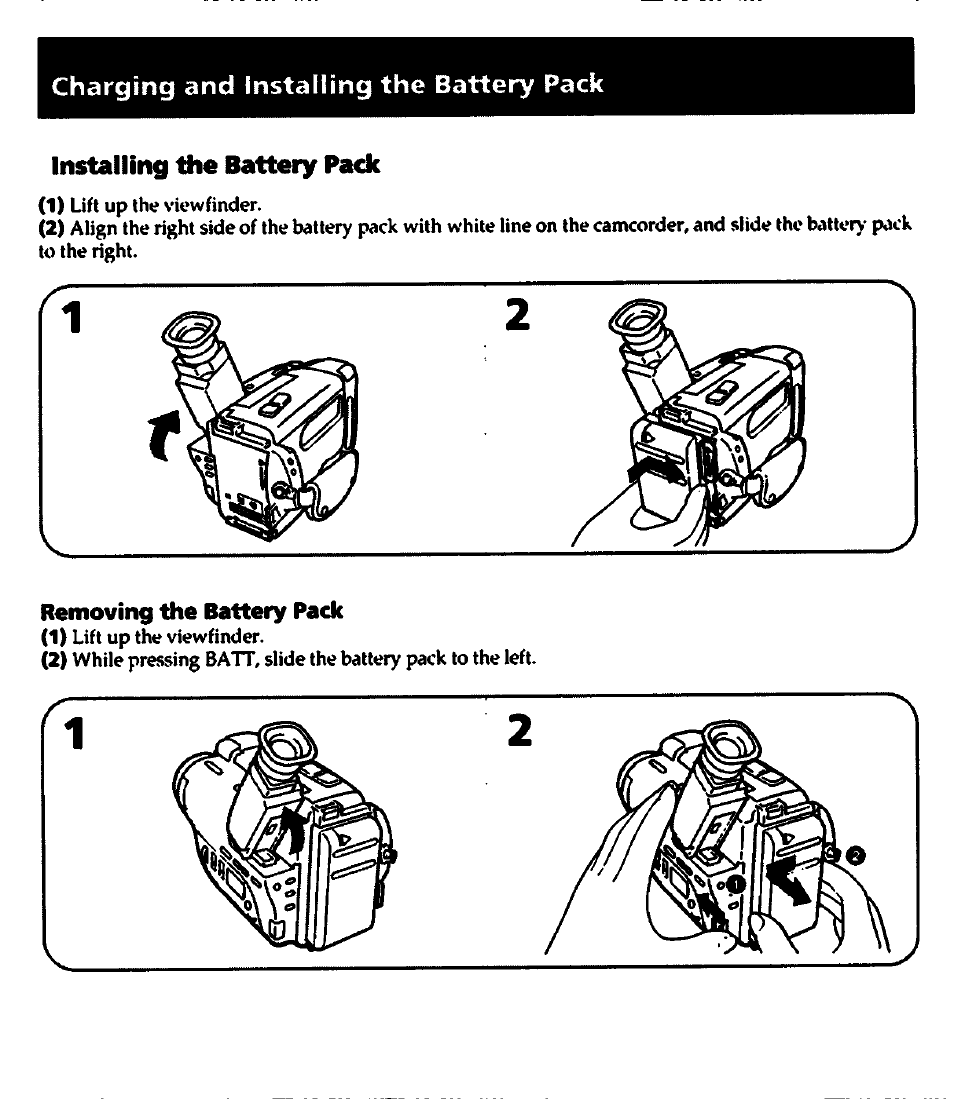 Installing the battery pack, Removing the battery pack | Sony CCD-TR400 User Manual | Page 8 / 55