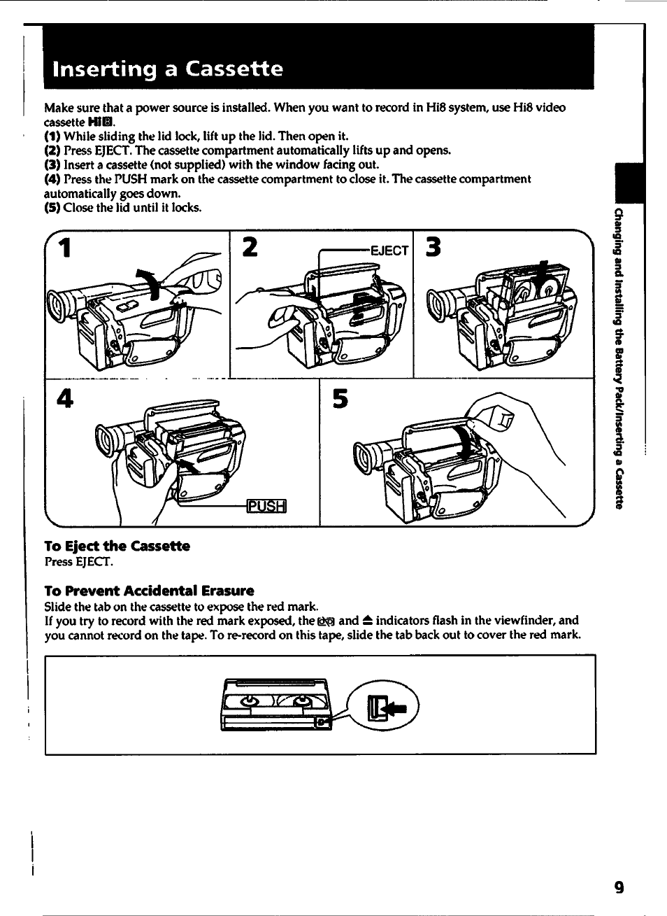 Inserting a cassette, To eject the cassette, To prevent accidental erasure | Sony CCD-TR400 User Manual | Page 9 / 55