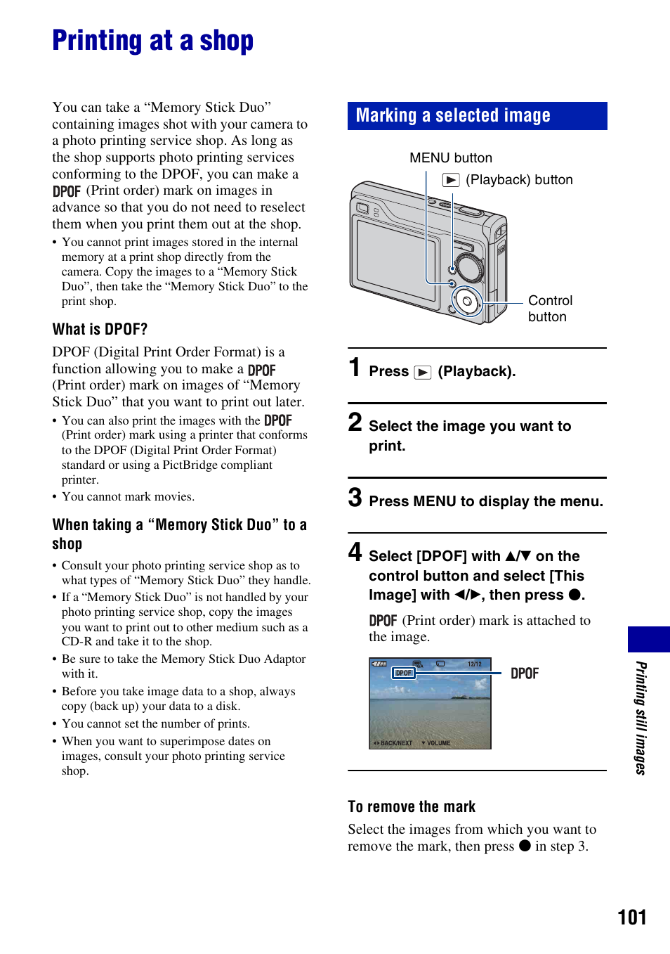 Printing at a shop, Marking a selected image | Sony DSC-W200 User Manual | Page 101 / 126