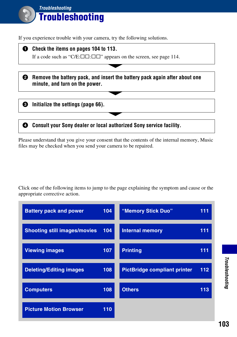 Troubleshooting | Sony DSC-W200 User Manual | Page 103 / 126