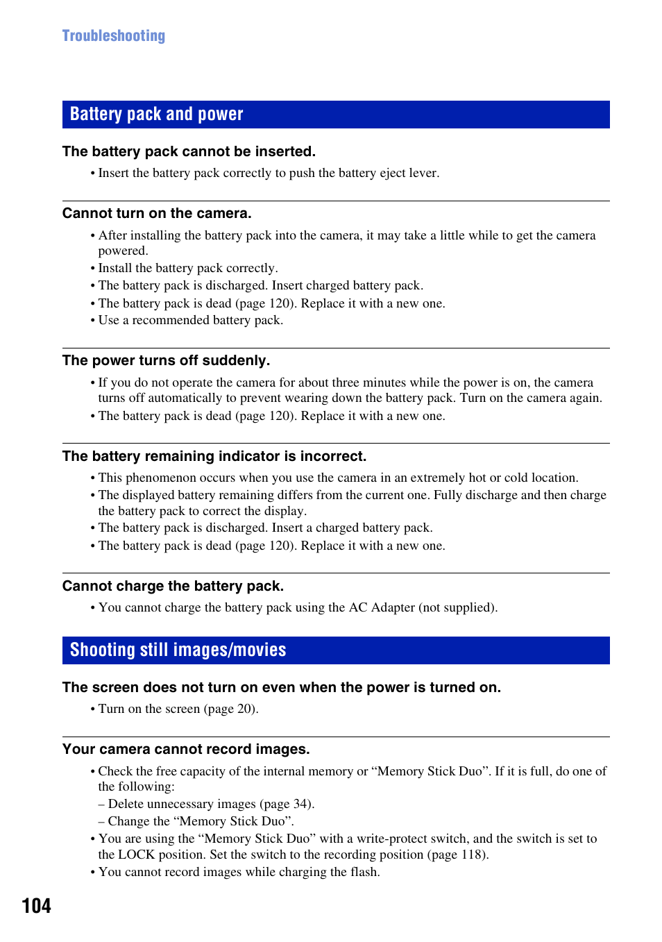 S 104 t, Battery pack and power, Shooting still images/movies | Sony DSC-W200 User Manual | Page 104 / 126