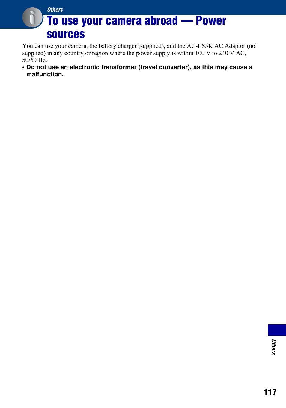 Others, To use your camera abroad - power sources, To use your camera abroad — power sources | Sony DSC-W200 User Manual | Page 117 / 126