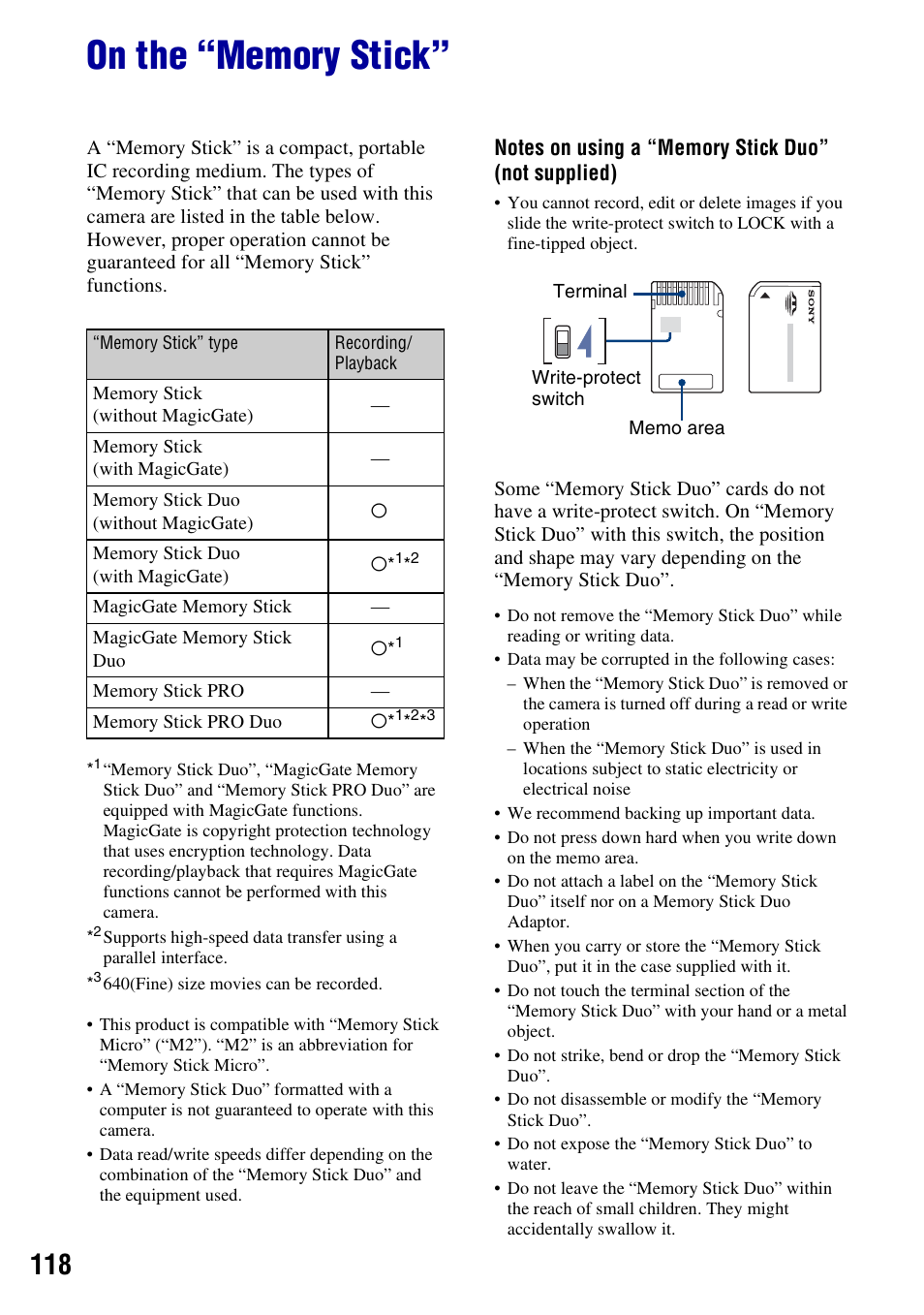 On the “memory stick | Sony DSC-W200 User Manual | Page 118 / 126