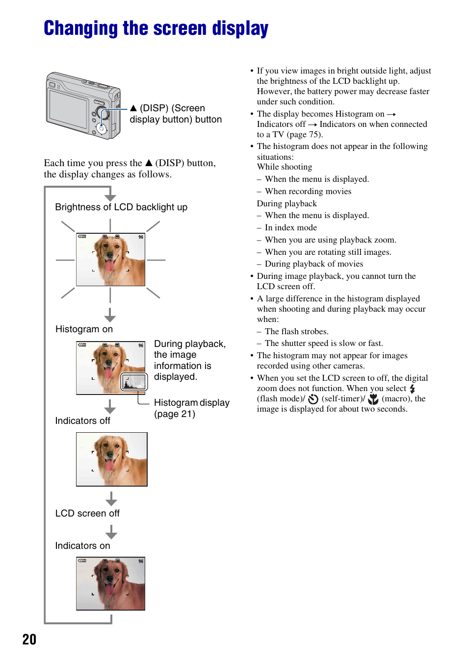 Changing the screen display | Sony DSC-W200 User Manual | Page 20 / 126