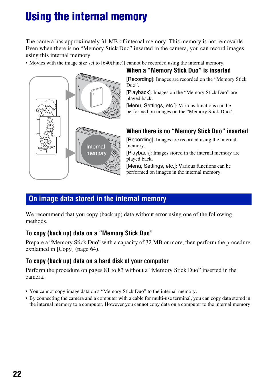 Using the internal memory | Sony DSC-W200 User Manual | Page 22 / 126