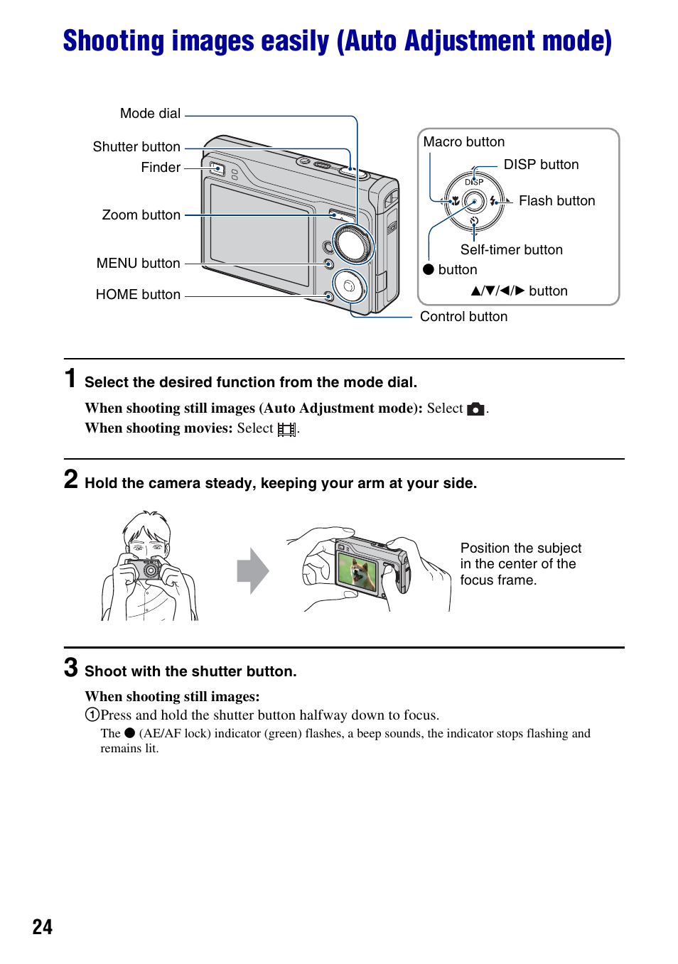 Shooting images easily (auto adjustment mode), On (24) | Sony DSC-W200 User Manual | Page 24 / 126