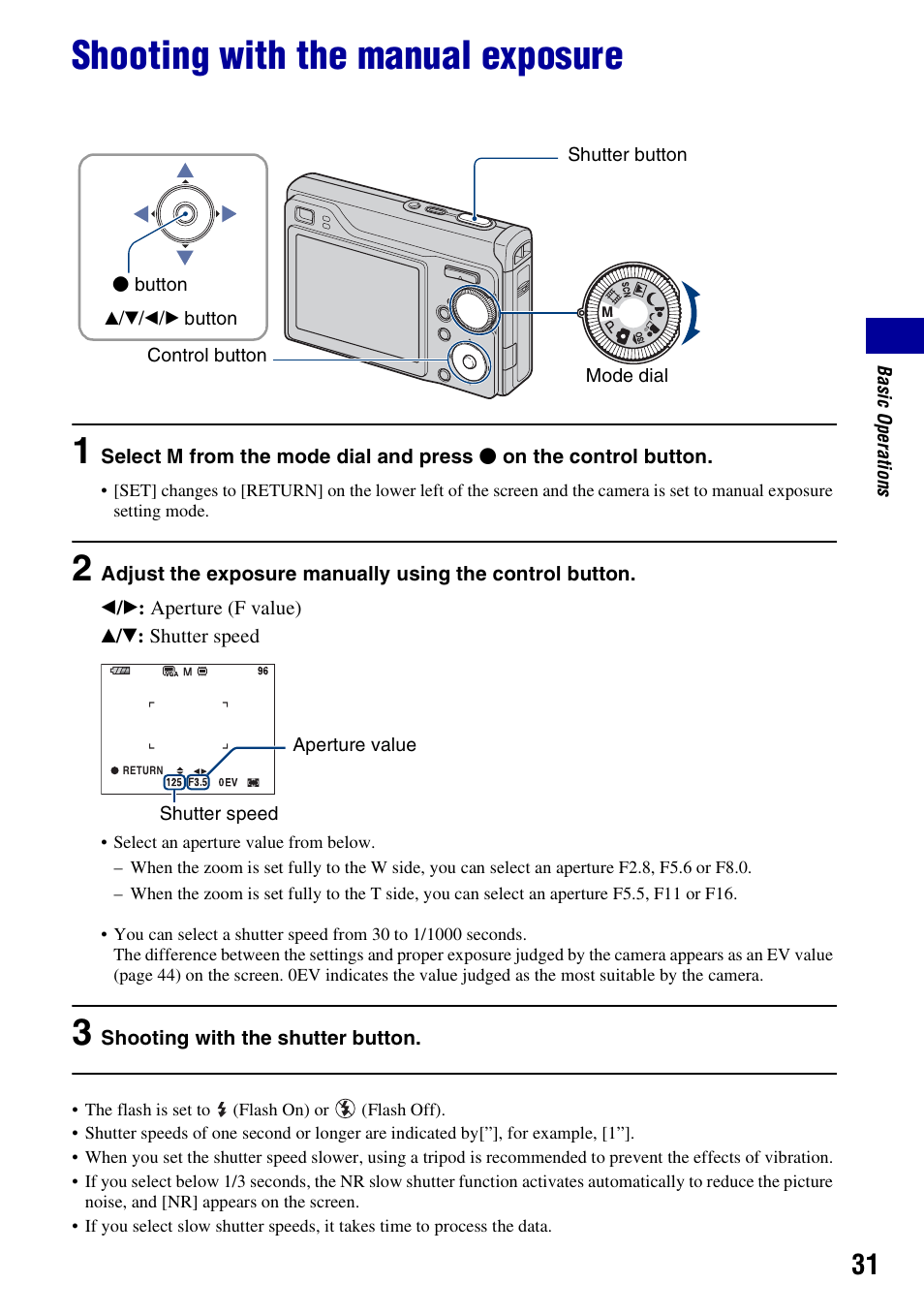 Shooting with the manual exposure | Sony DSC-W200 User Manual | Page 31 / 126