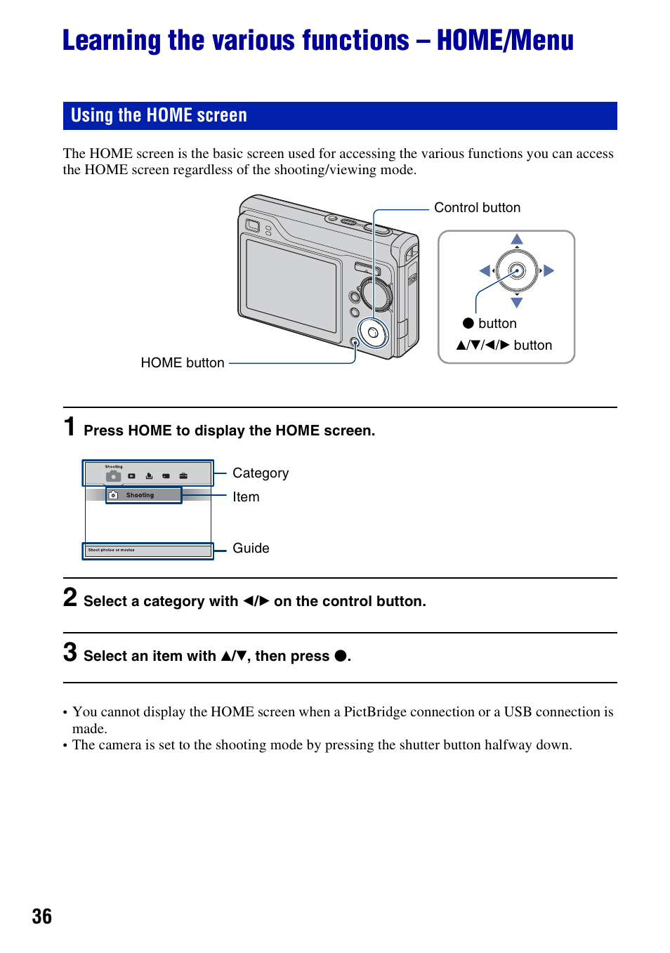 Learning the various functions - home/menu, Learning the various functions – home/menu | Sony DSC-W200 User Manual | Page 36 / 126