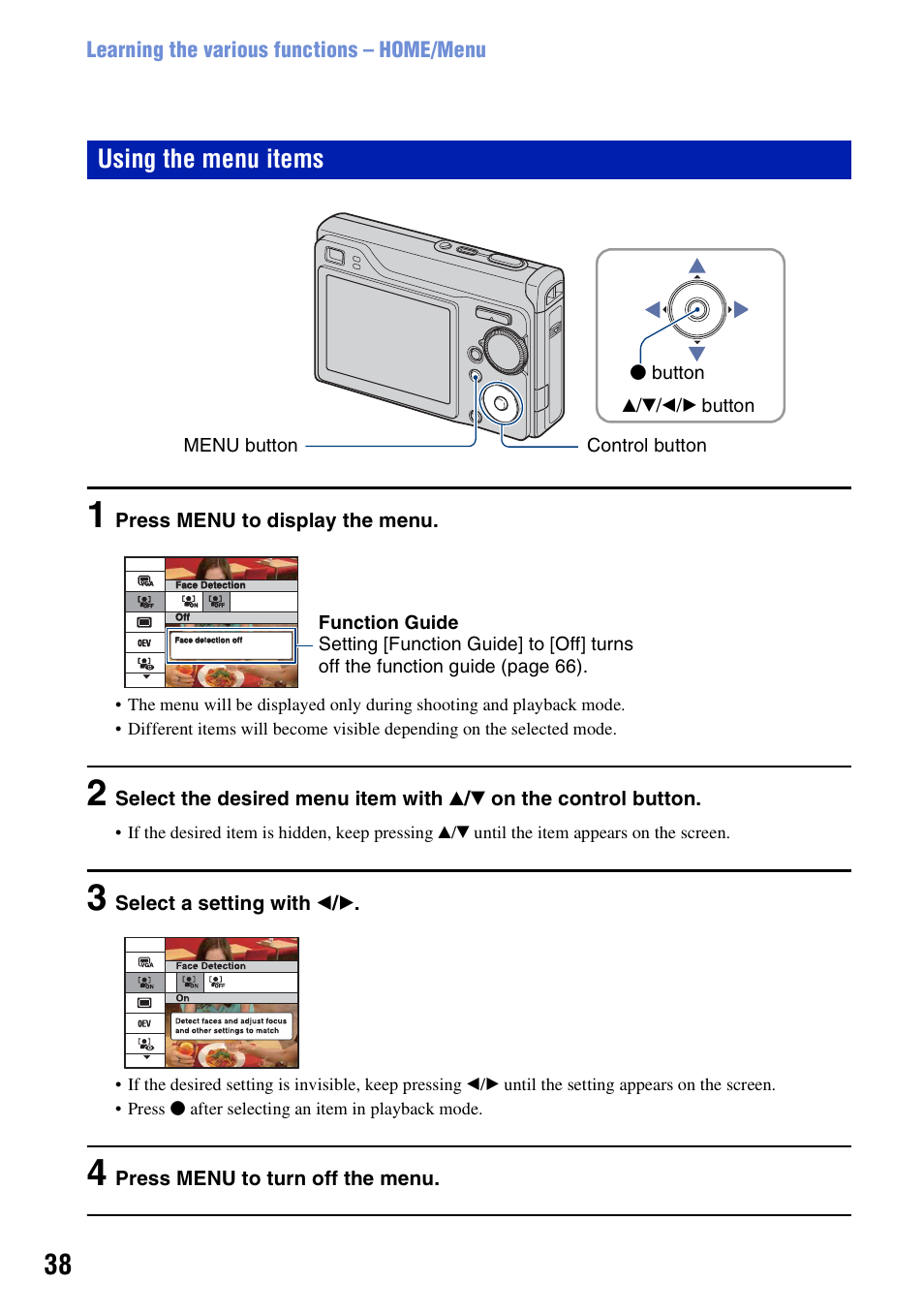 Using the menu items | Sony DSC-W200 User Manual | Page 38 / 126