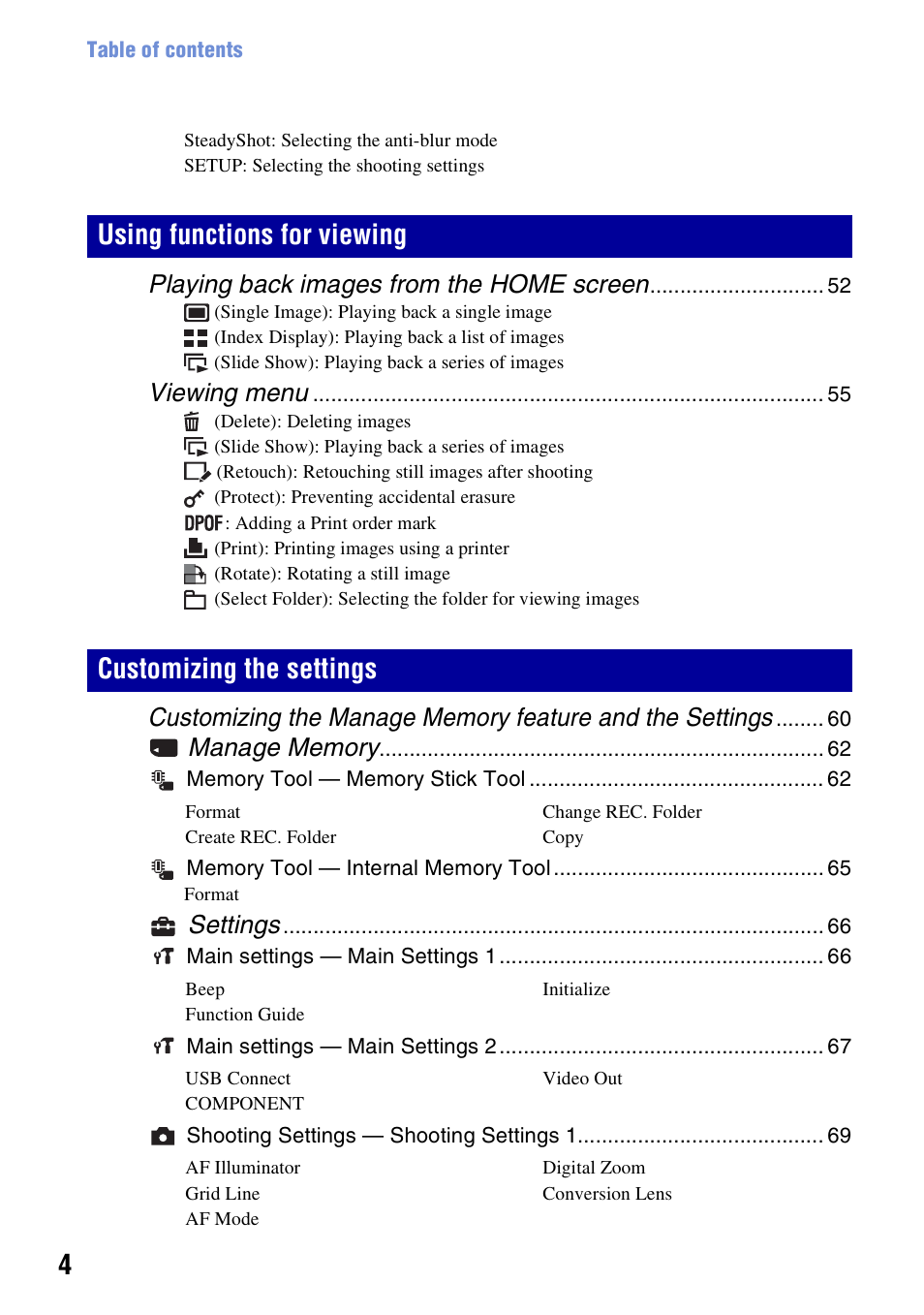 Playing back images from the home screen, Viewing menu, Settings | Sony DSC-W200 User Manual | Page 4 / 126