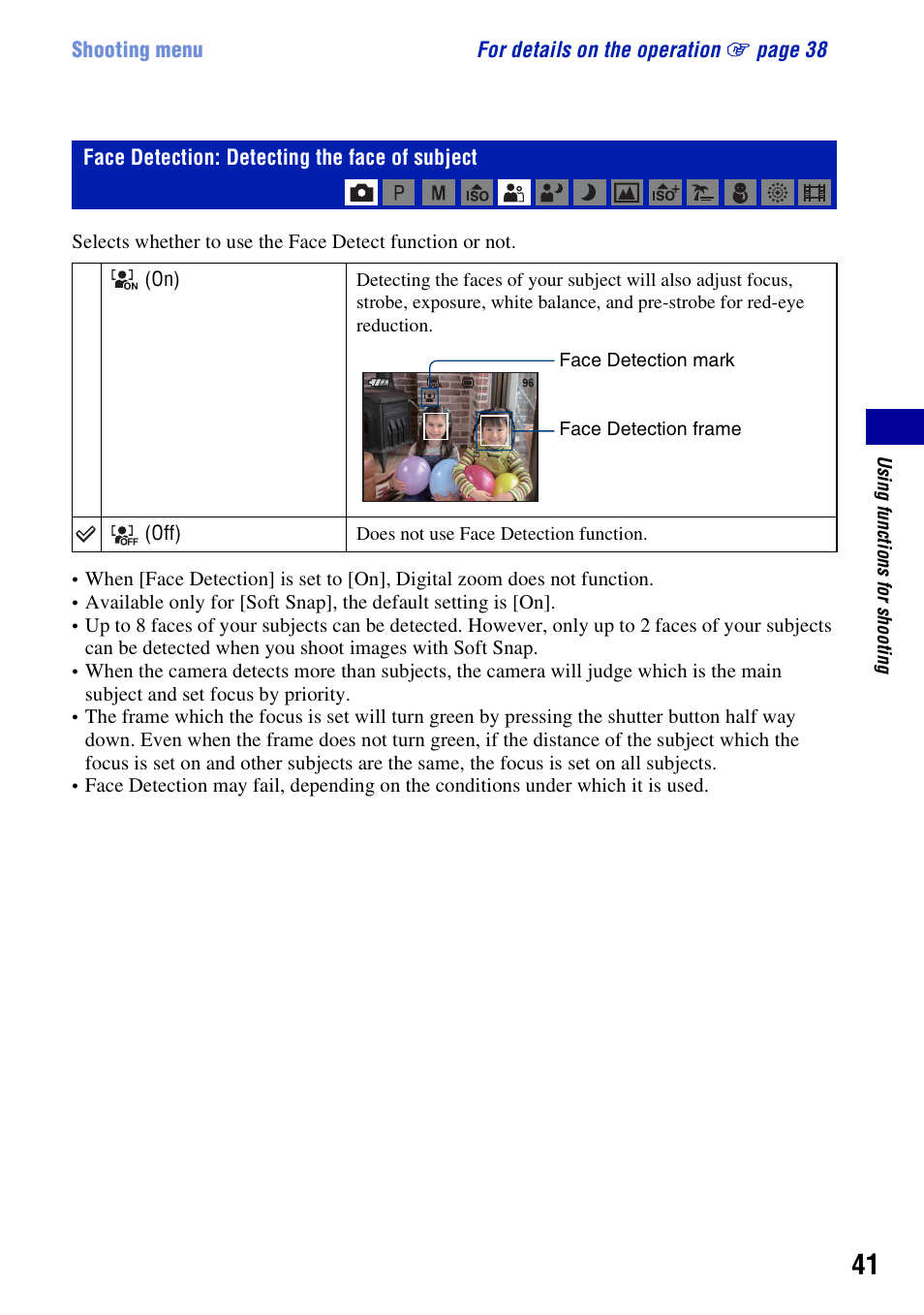 Face detection: detecting the face of subject | Sony DSC-W200 User Manual | Page 41 / 126