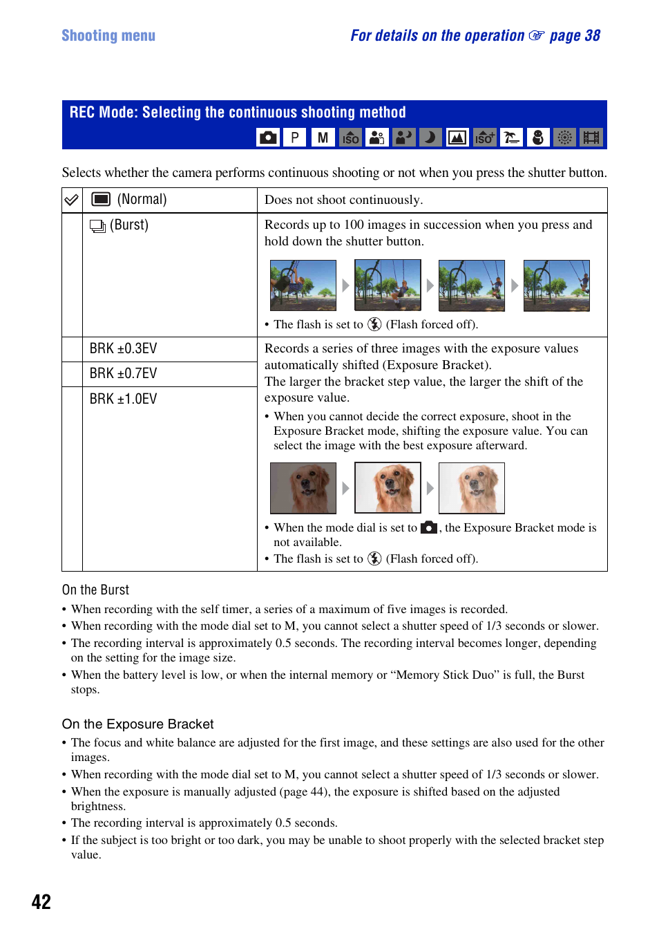 Rec mode: selecting the continuous shooting method | Sony DSC-W200 User Manual | Page 42 / 126