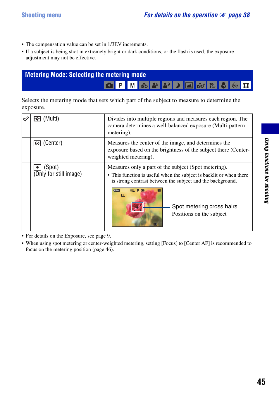Metering mode: selecting the metering mode | Sony DSC-W200 User Manual | Page 45 / 126