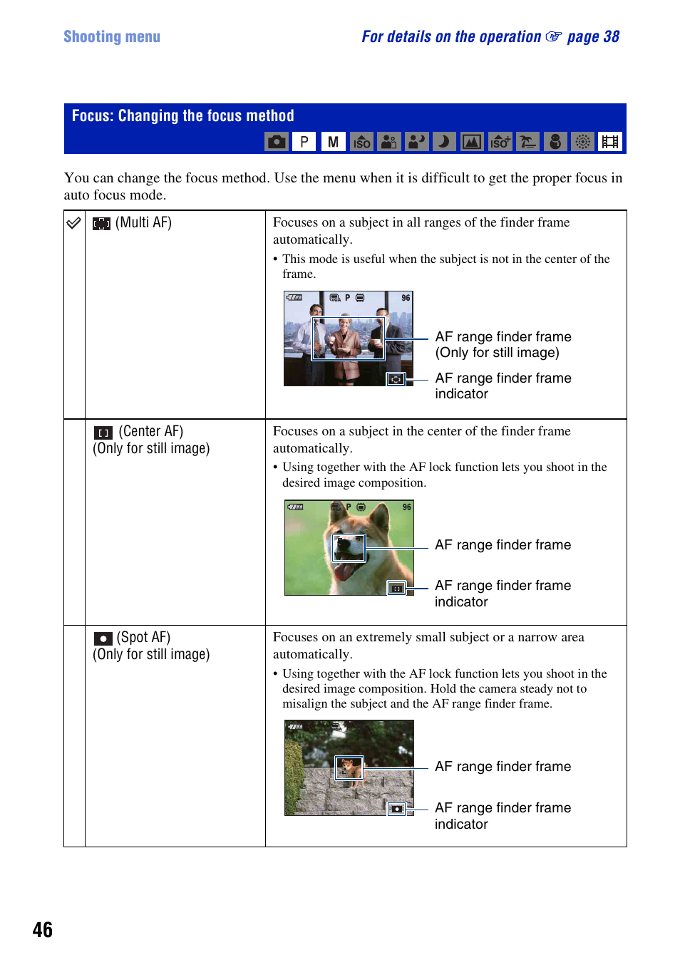 Focus: changing the focus method | Sony DSC-W200 User Manual | Page 46 / 126