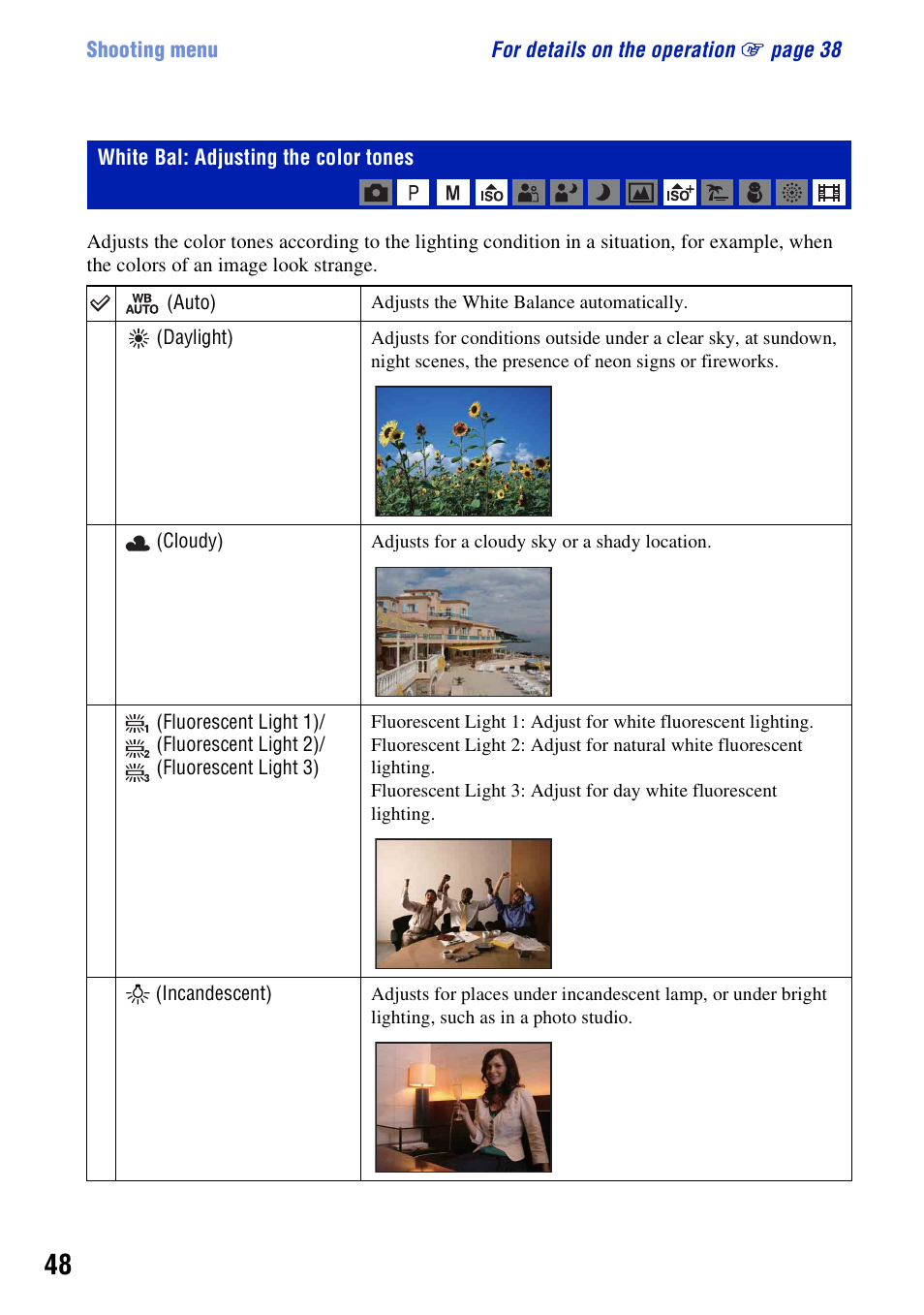 White bal: adjusting the color tones | Sony DSC-W200 User Manual | Page 48 / 126