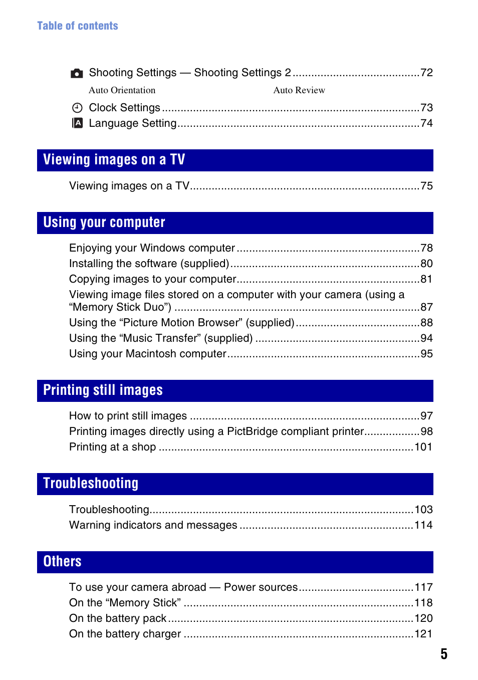 Sony DSC-W200 User Manual | Page 5 / 126