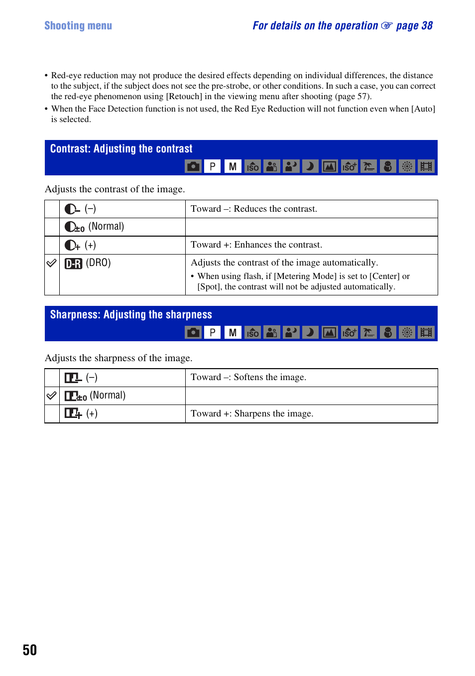 Contrast: adjusting the contrast, Sharpness: adjusting the sharpness | Sony DSC-W200 User Manual | Page 50 / 126