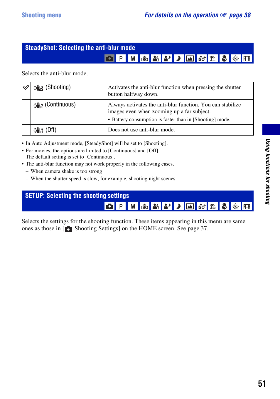 Steadyshot: selecting the anti-blur mode, Setup: selecting the shooting settings | Sony DSC-W200 User Manual | Page 51 / 126