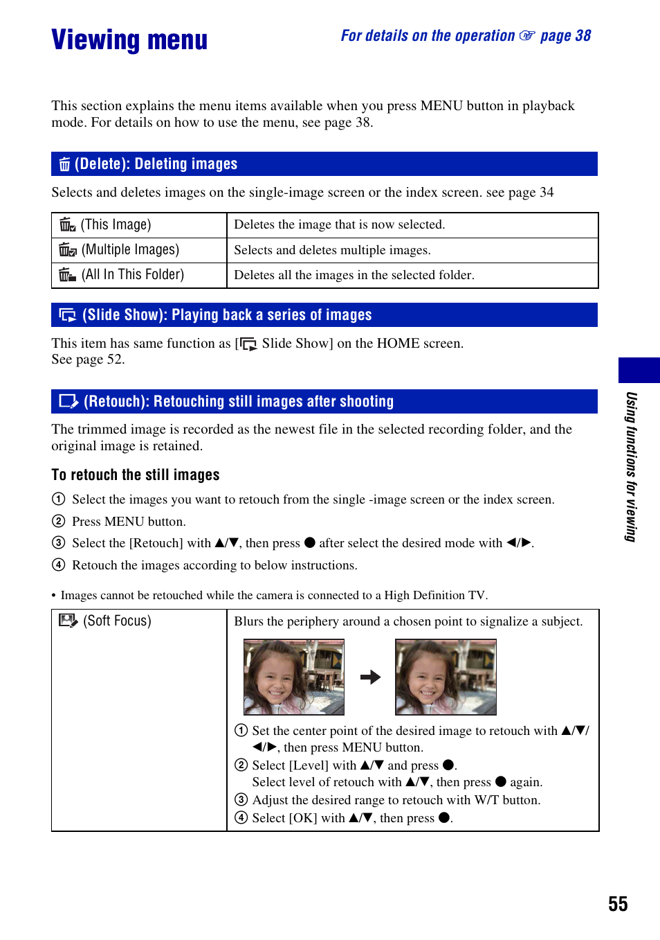 Viewing menu, Delete: deleting images, Slide show: playing back a series of images | Retouch: retouching still images after shooting, Delete): deleting images, Slide show): playing back a series of images, Retouch): retouching still images after shooting | Sony DSC-W200 User Manual | Page 55 / 126
