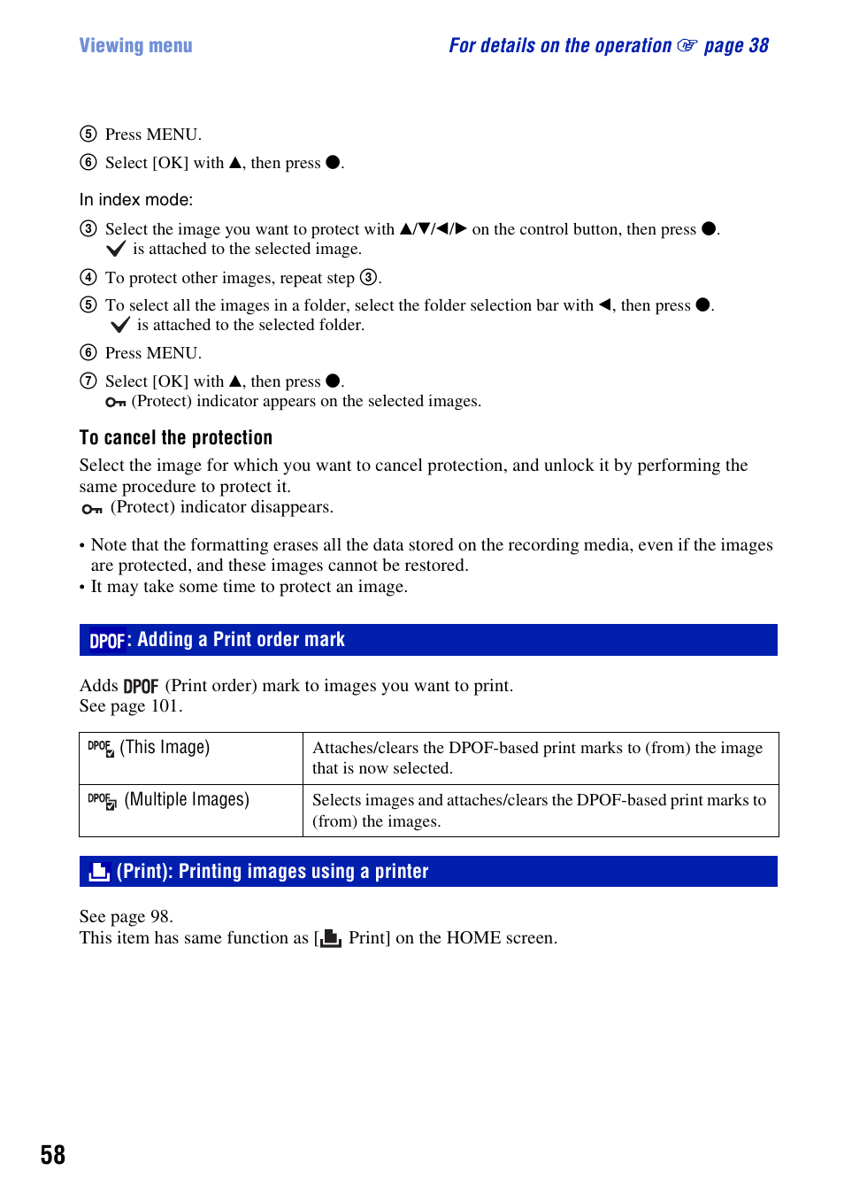 Dpof: adding a print order mark, Print: printing images using a printer, Adding a print order mark | Print): printing images using a printer | Sony DSC-W200 User Manual | Page 58 / 126