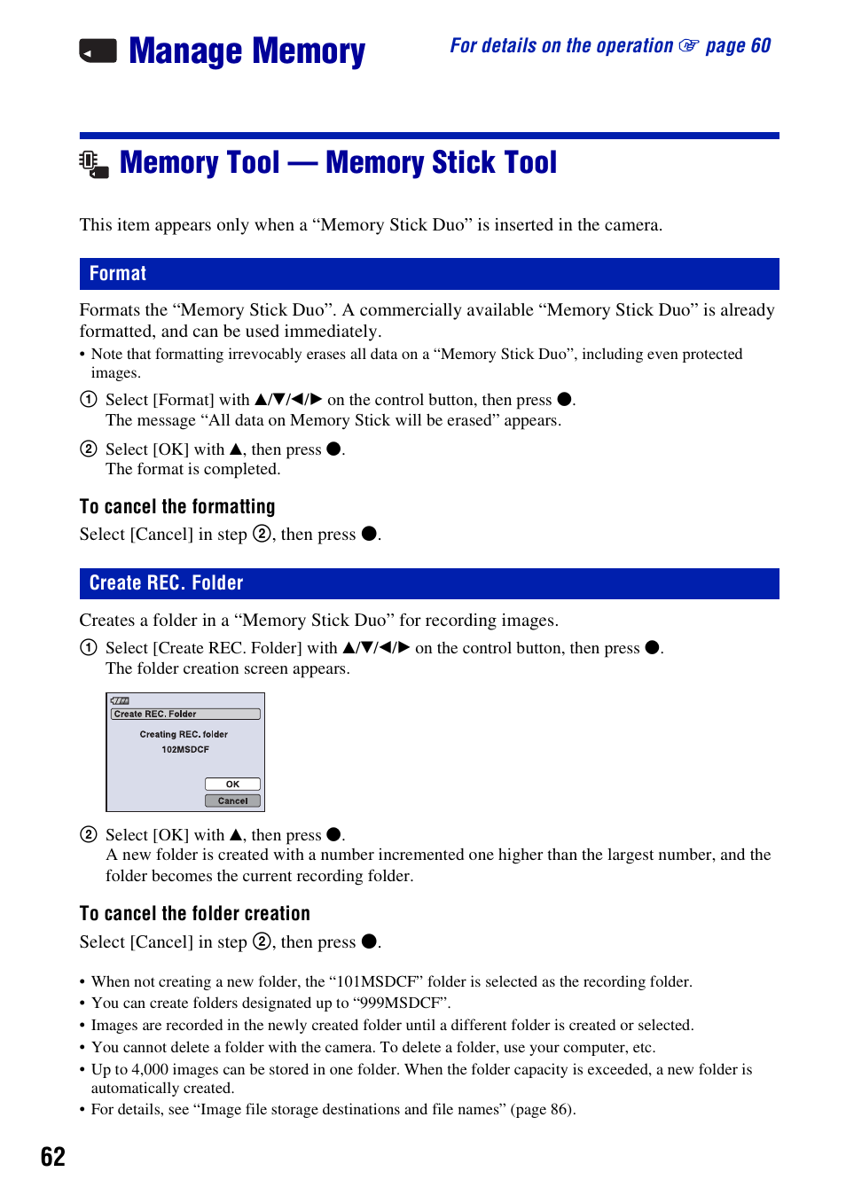 Manage memory, Memory tool - memory stick tool, Format | Create rec. folder, Memory tool — memory stick tool, Format create rec. folder | Sony DSC-W200 User Manual | Page 62 / 126
