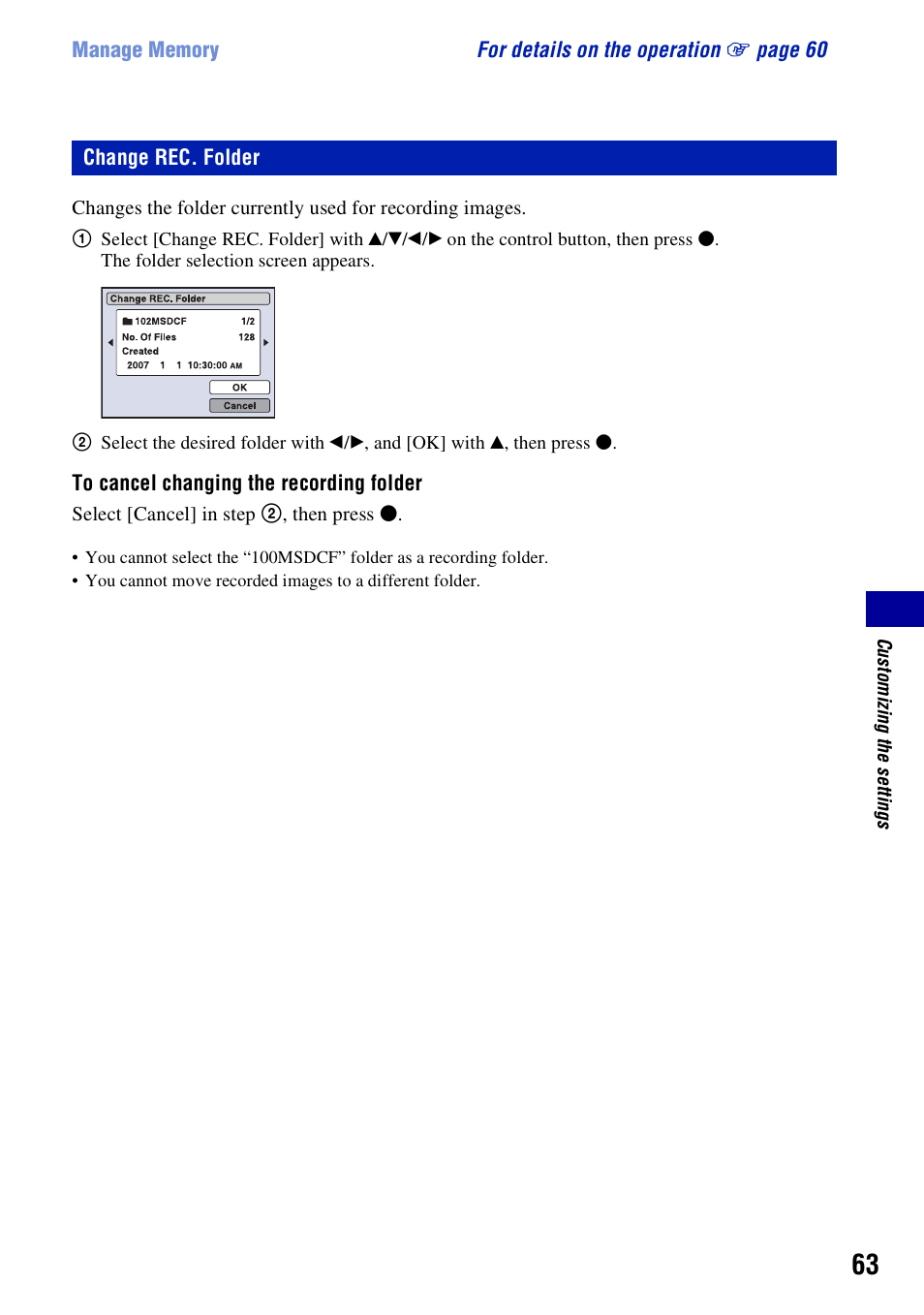 Change rec. folder | Sony DSC-W200 User Manual | Page 63 / 126