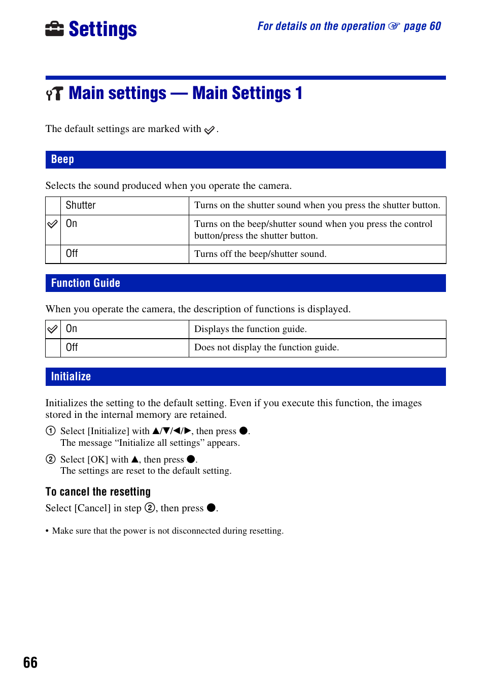 Settings, Main settings - main settings 1, Beep | Function guide, Initialize, Main settings — main settings 1, Beep function guide | Sony DSC-W200 User Manual | Page 66 / 126