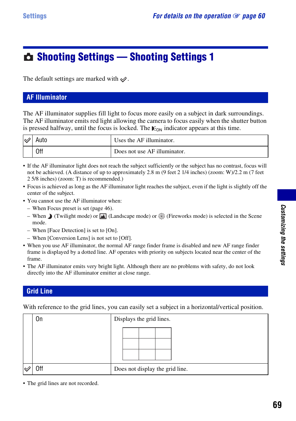 Shooting settings - shooting settings 1, Af illuminator, Grid line | Shooting settings — shooting settings 1, Af illuminator grid line | Sony DSC-W200 User Manual | Page 69 / 126