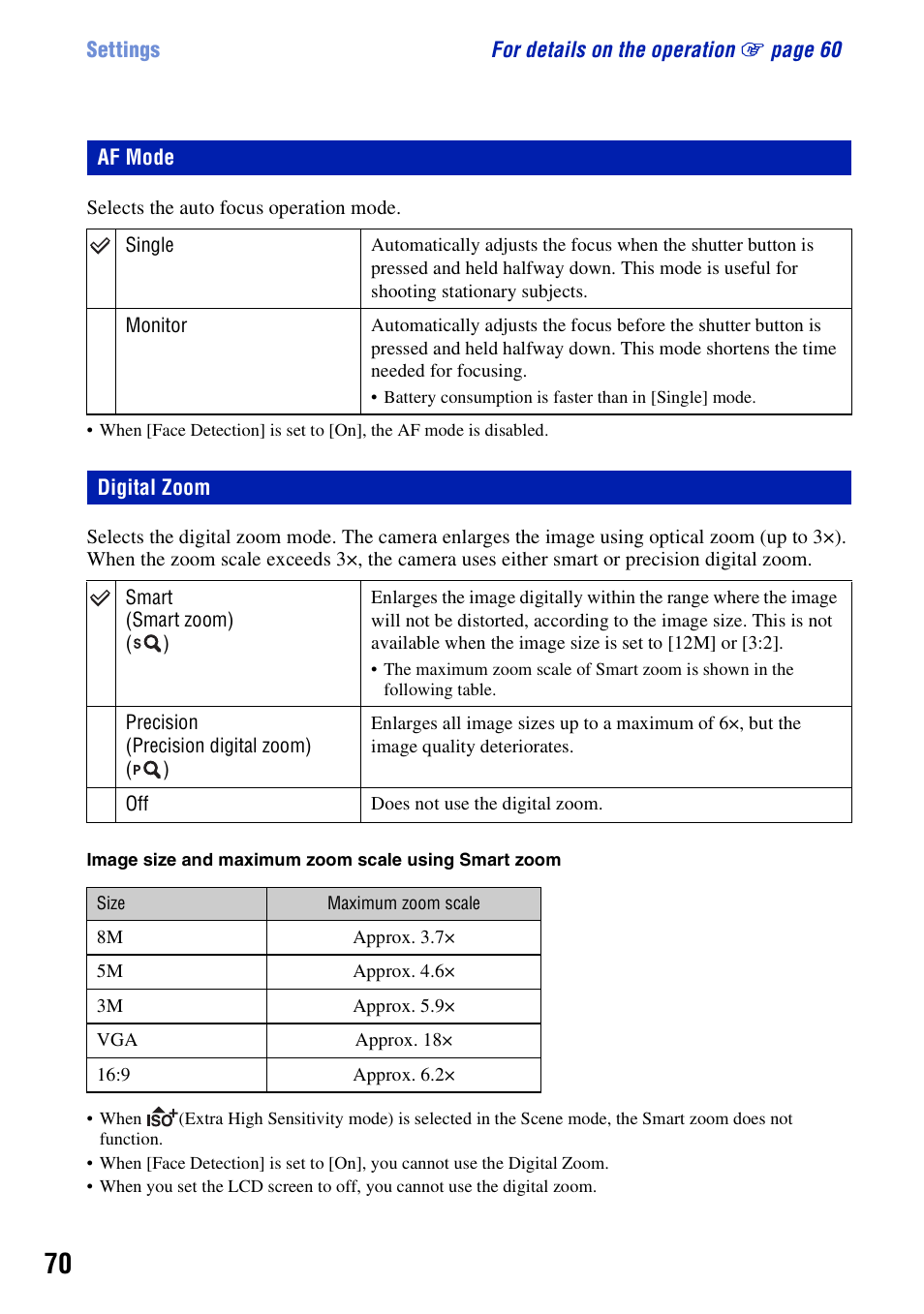 Af mode, Digital zoom | Sony DSC-W200 User Manual | Page 70 / 126