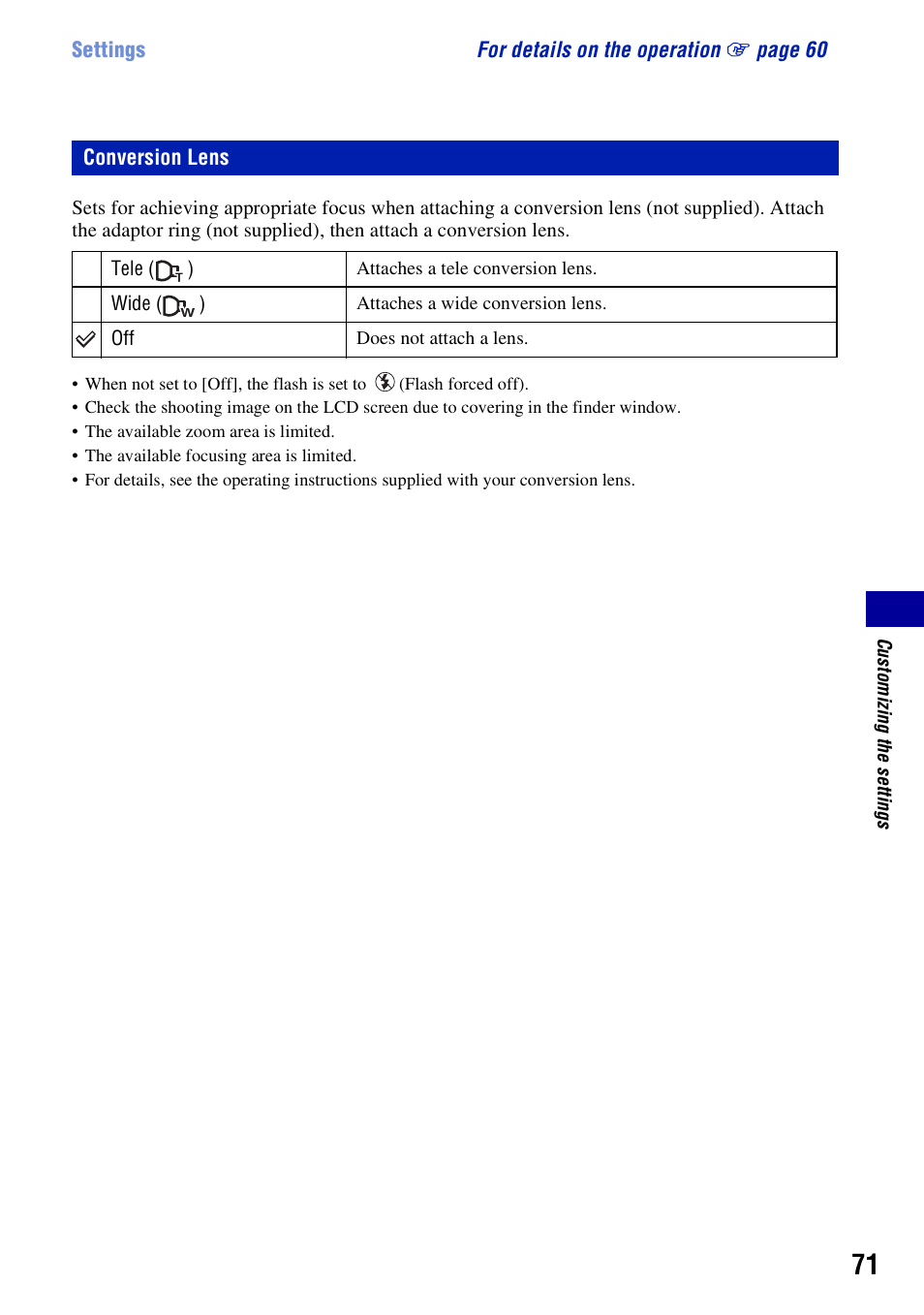 Conversion lens | Sony DSC-W200 User Manual | Page 71 / 126