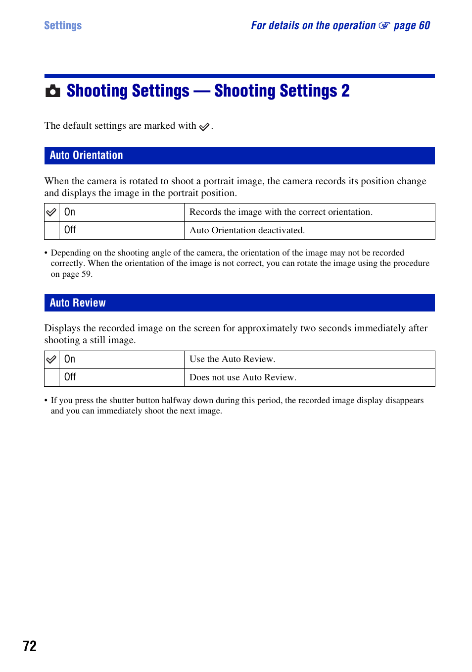 Shooting settings - shooting settings 2, Auto orientation, Auto review | Shooting settings — shooting settings 2 | Sony DSC-W200 User Manual | Page 72 / 126