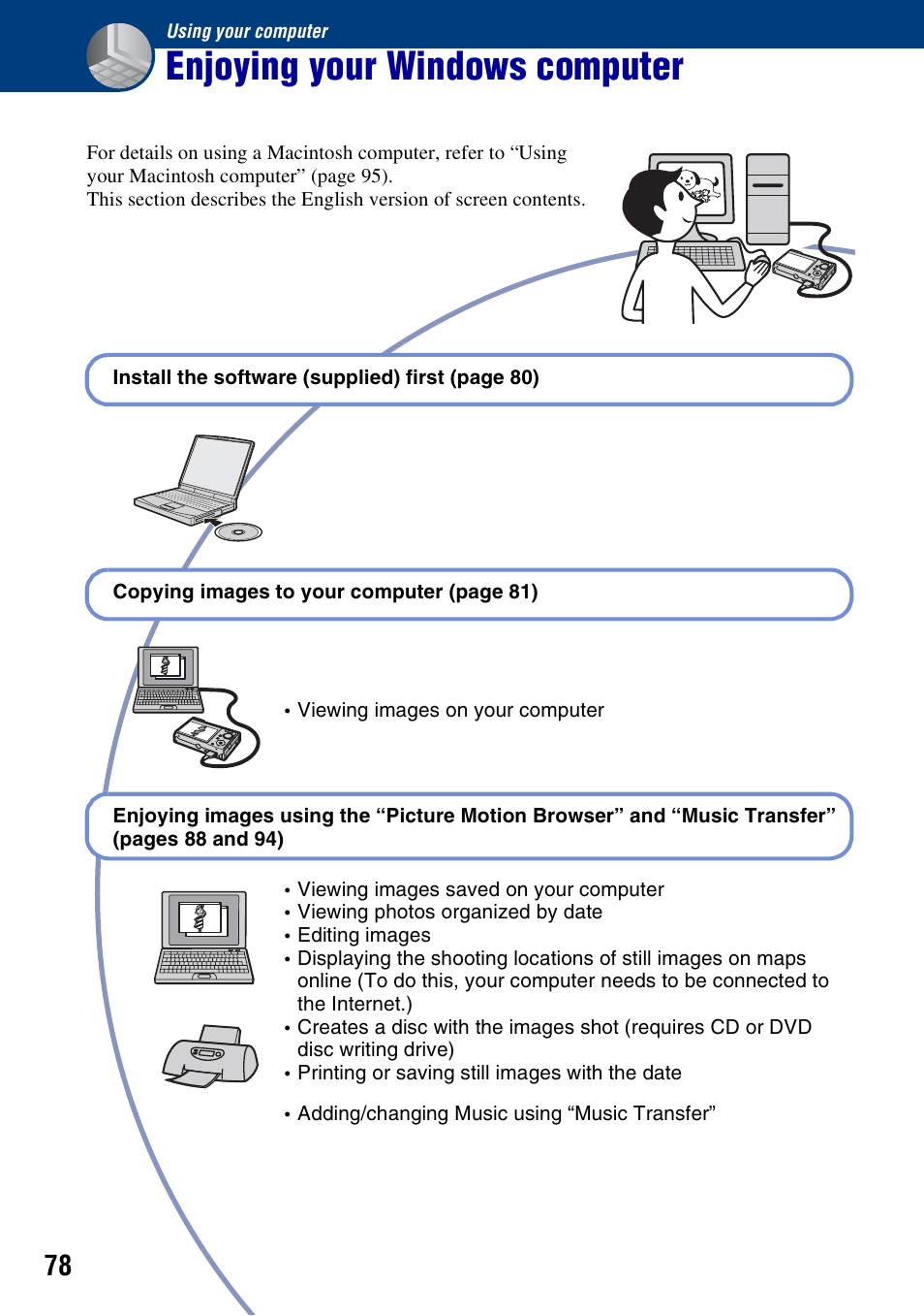 Using your computer, Enjoying your windows computer | Sony DSC-W200 User Manual | Page 78 / 126