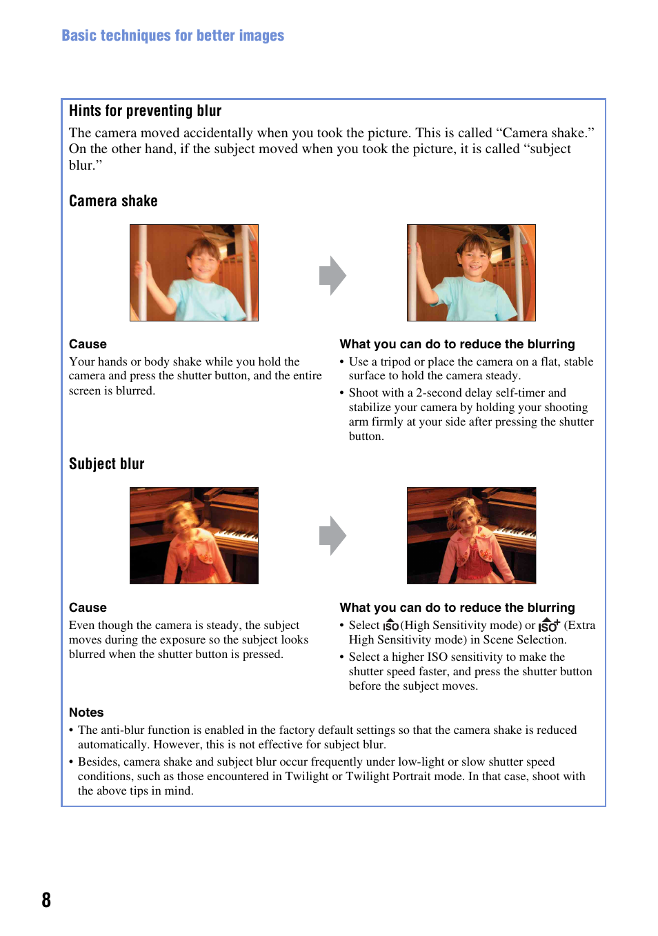 Hints for preventing blur | Sony DSC-W200 User Manual | Page 8 / 126