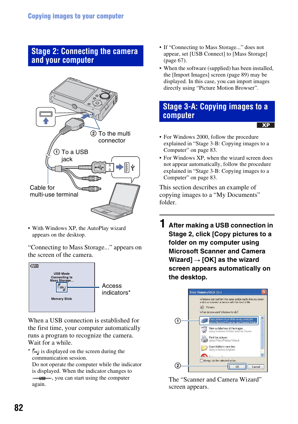 82 a, Stage 2: connecting the camera and your computer, Stage 3-a: copying images to a computer | Sony DSC-W200 User Manual | Page 82 / 126