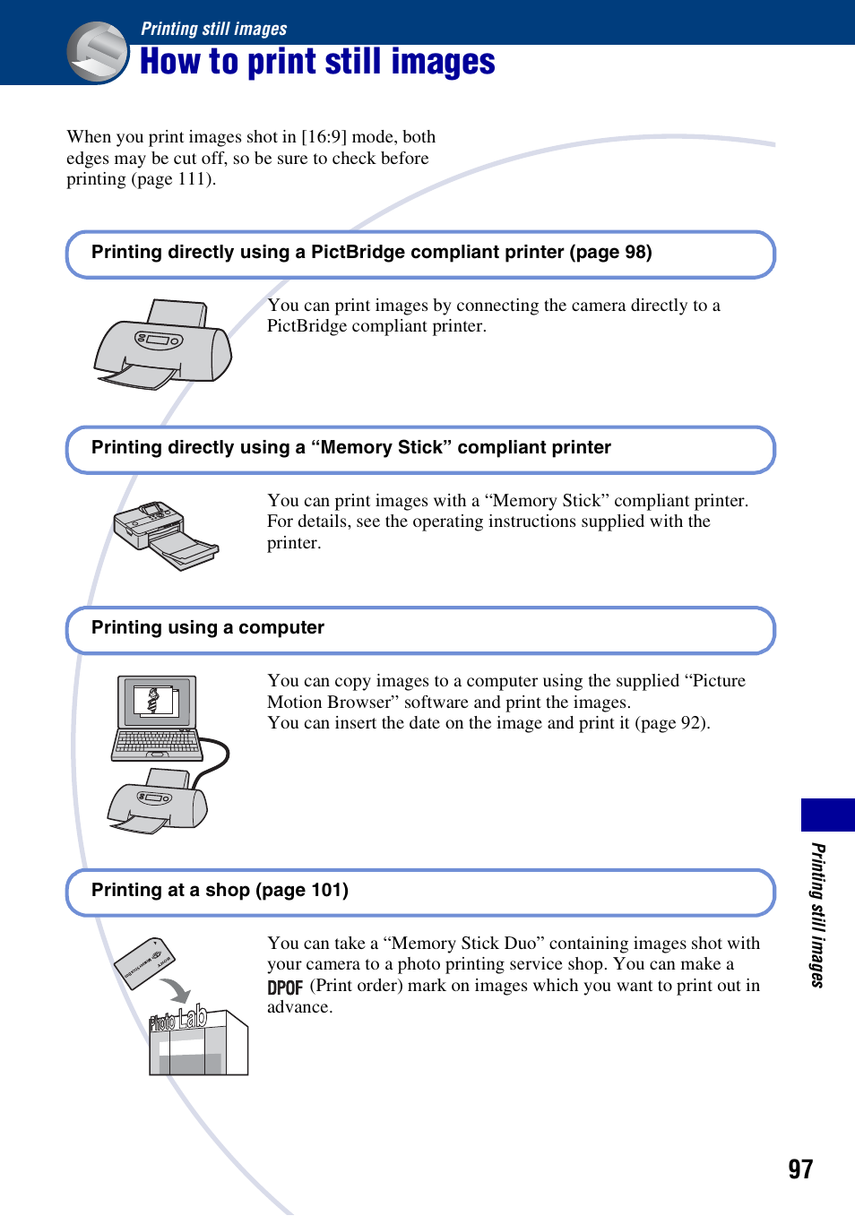 Printing still images, How to print still images | Sony DSC-W200 User Manual | Page 97 / 126