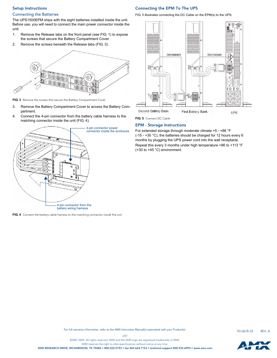 Setup instructions, Connecting the batteries, Connecting the epm to the ups | Epm - storage instructions | AMX NXA-UPSEPM NXA-UPS1500EPM User Manual | Page 2 / 2