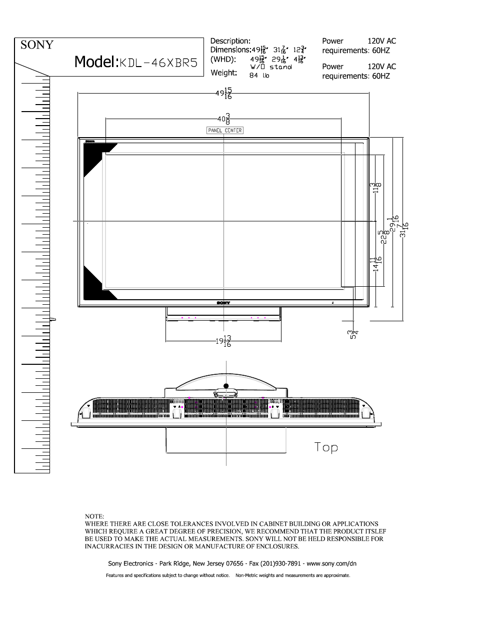 Sony KDL-46XBR5 User Manual | 2 pages