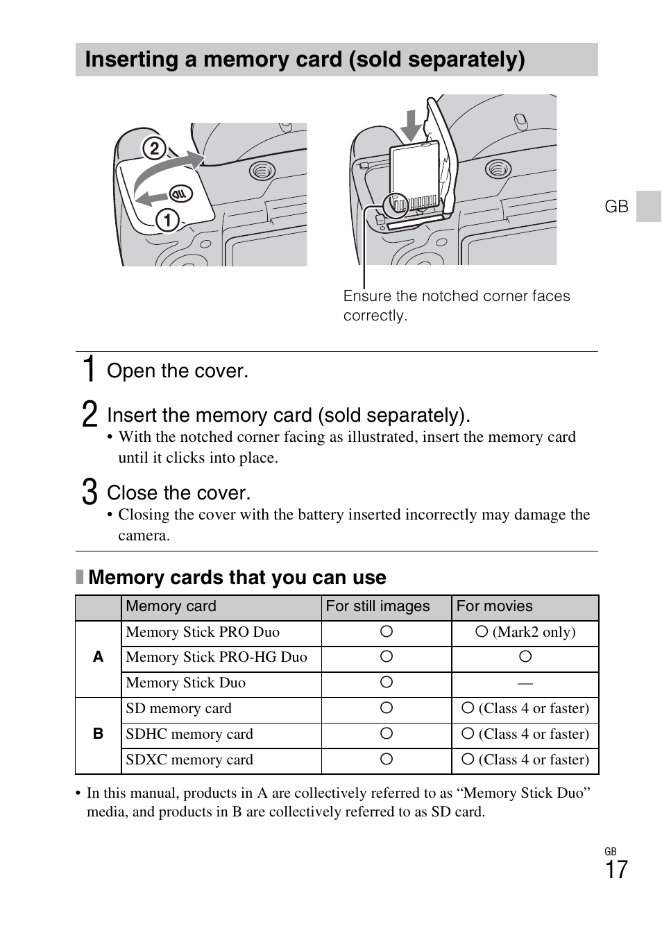 Inserting a memory card (sold separately), Open the cover, Close the cover | Sony DSC-HX100V User Manual | Page 17 / 64